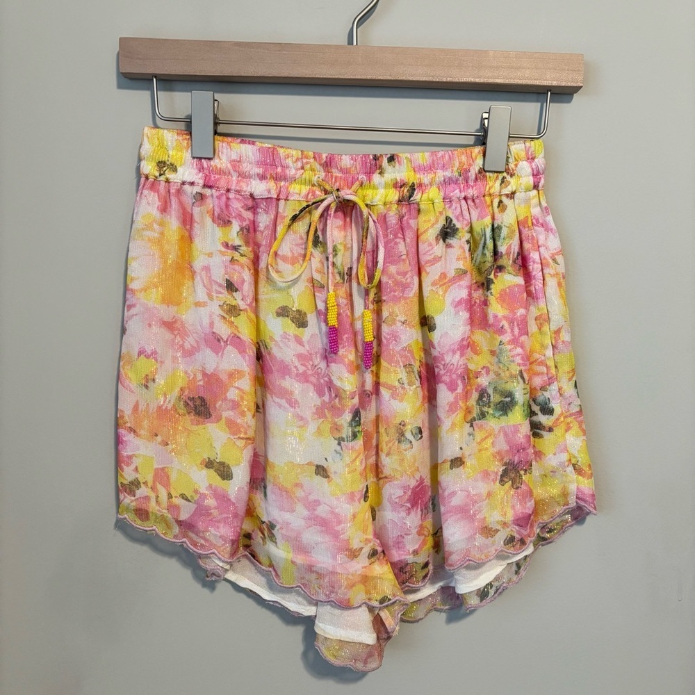 Rococo Sand Nesh Floral Shorts Yellow Pink Scallop Hem Size S - Picture 4 of 10